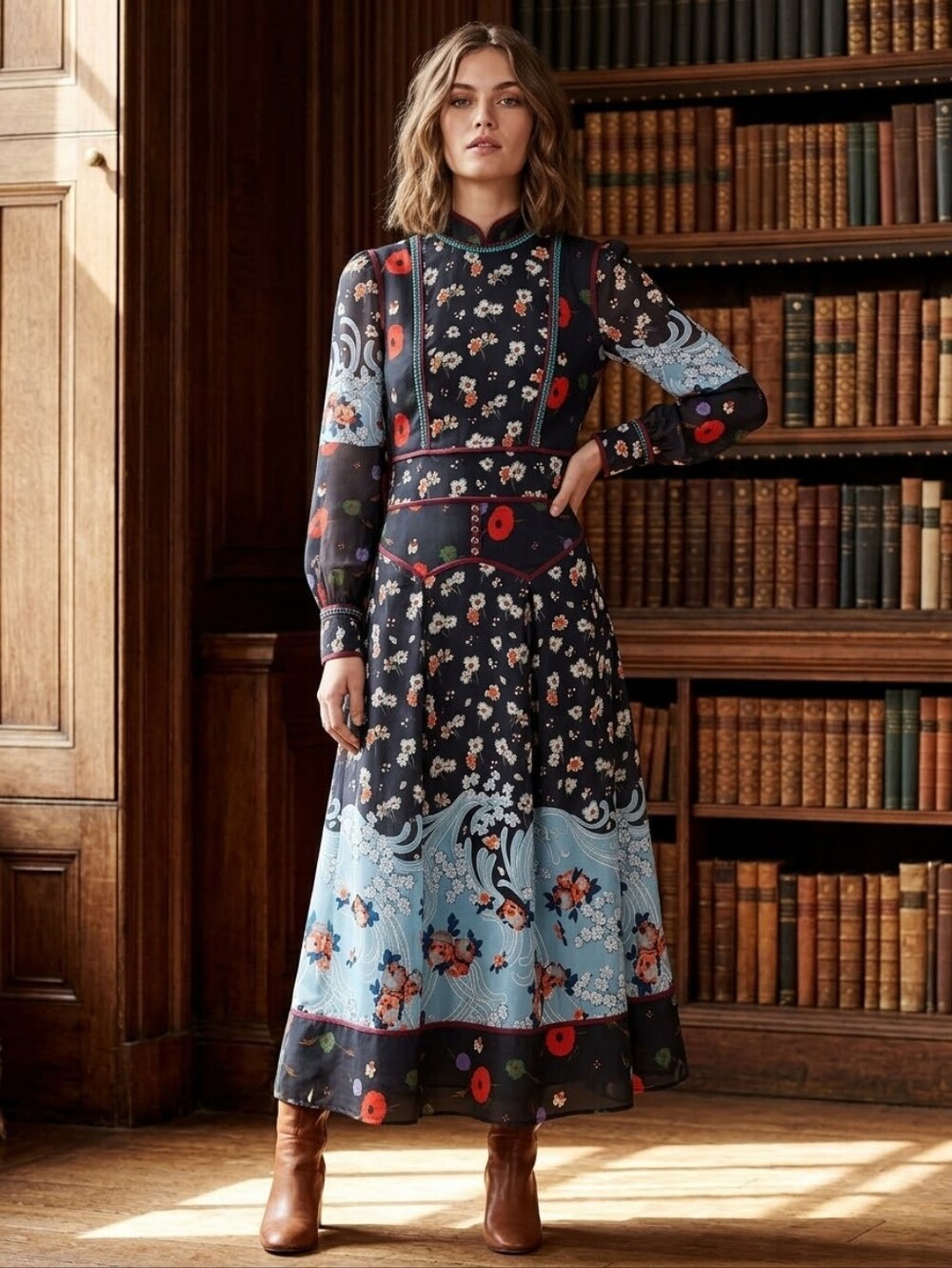 NWT DSQUARED2 Runway Floral Patchwork Waist Yoke Midi Dress IT 38 US 2